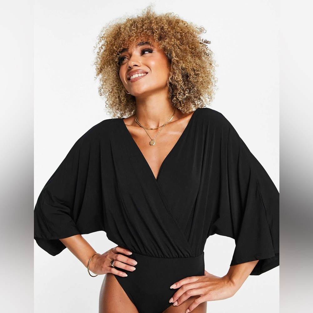 ASOS New Look satin ruched bodysuit in black Thong Bodysuit,8